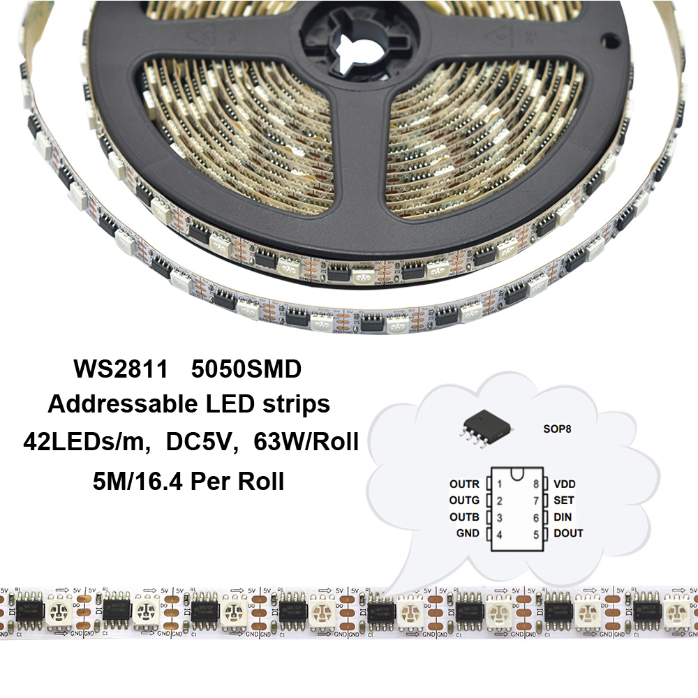 WS2811 DC5V 210LEDs Breakpoint-continue Programmable LED Strip Lights, Addressable Digital Full Color Chasing Flexible LED Strips, 5m/16.4ft Per Reel By Sale